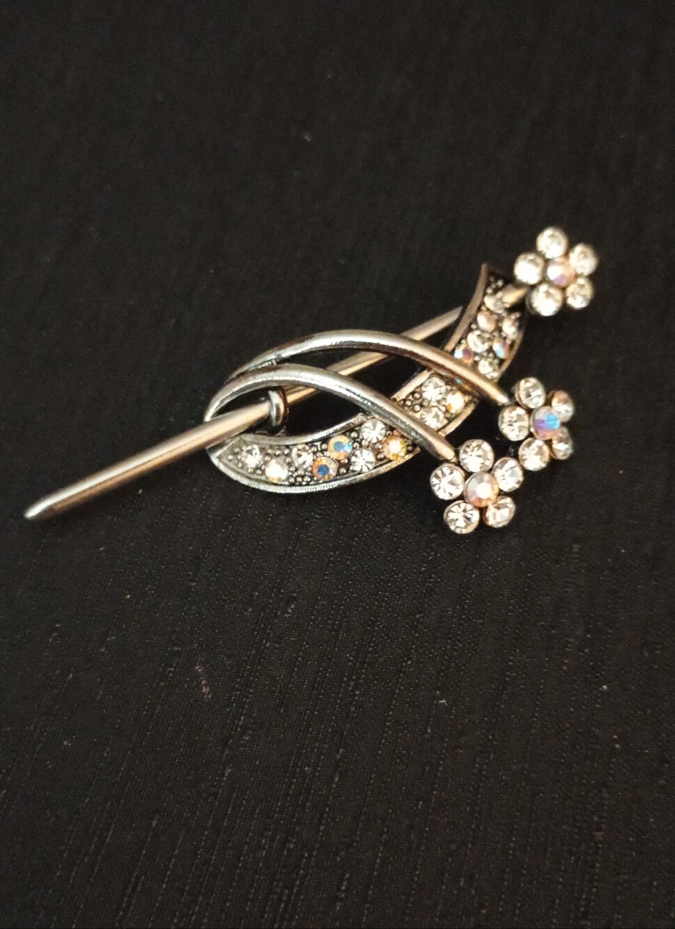 Rhinestone Floral Silver-Tone Brooch Pin - Sparkling Crystal Accent